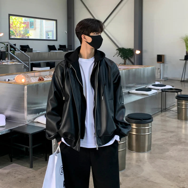 レイヤードフード付きレザージャケット