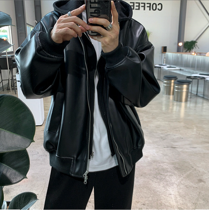 レイヤードフード付きレザージャケット